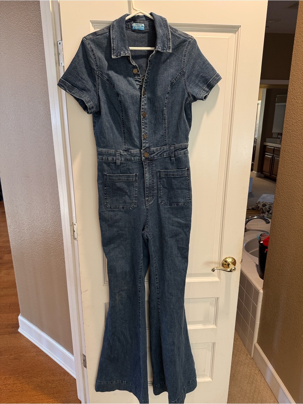 Show Me Your MuMu Short-Sleeve Denim Jumpsuit - Dark Blue- Women’s Large